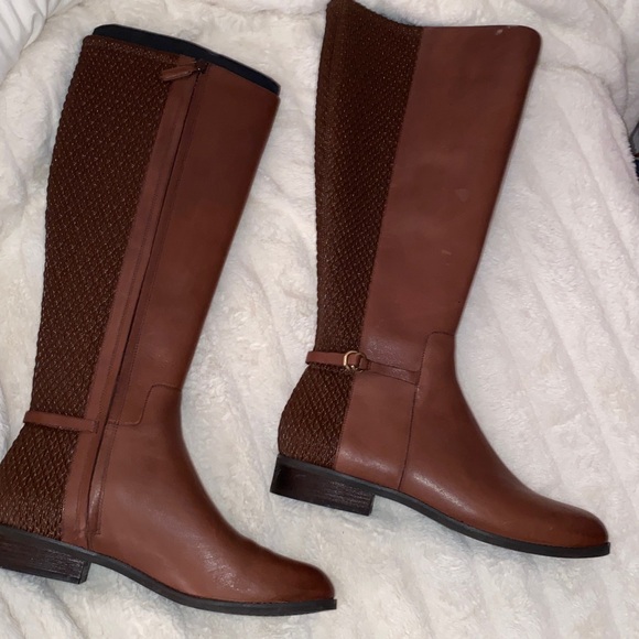 11 B COLE HAAN Isabell Women's Stretch Brown Leather Knee High Riding Boots NWOT - Picture 1 of 13